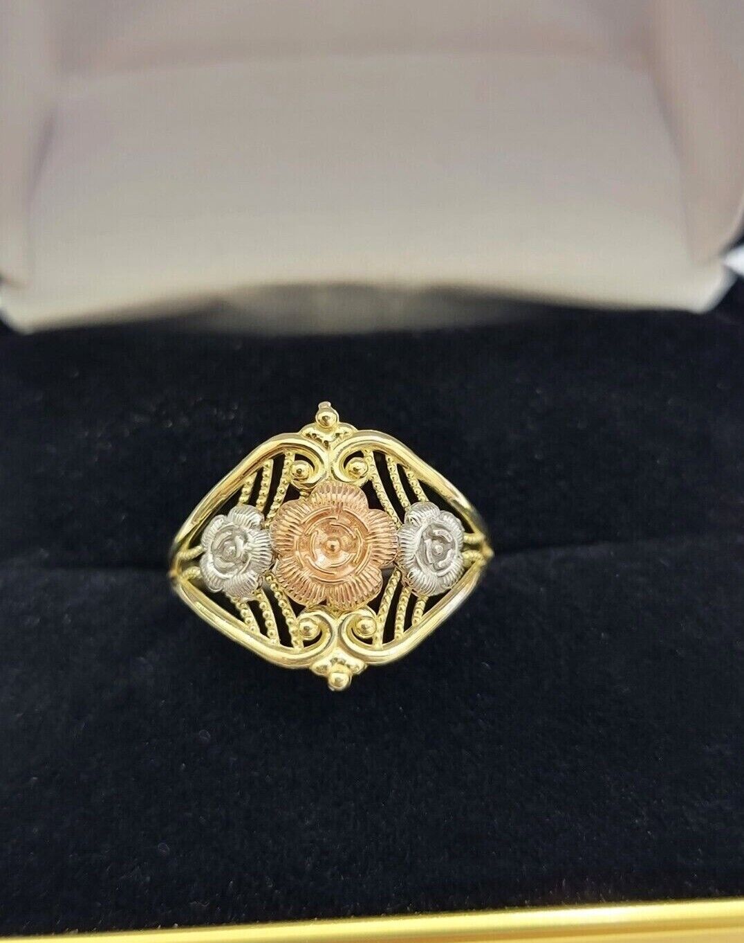 10k Trio Gold Lady Flower Ring Womens Casual Yellow Band Real 10kt Unique Design - GoldenlinQ